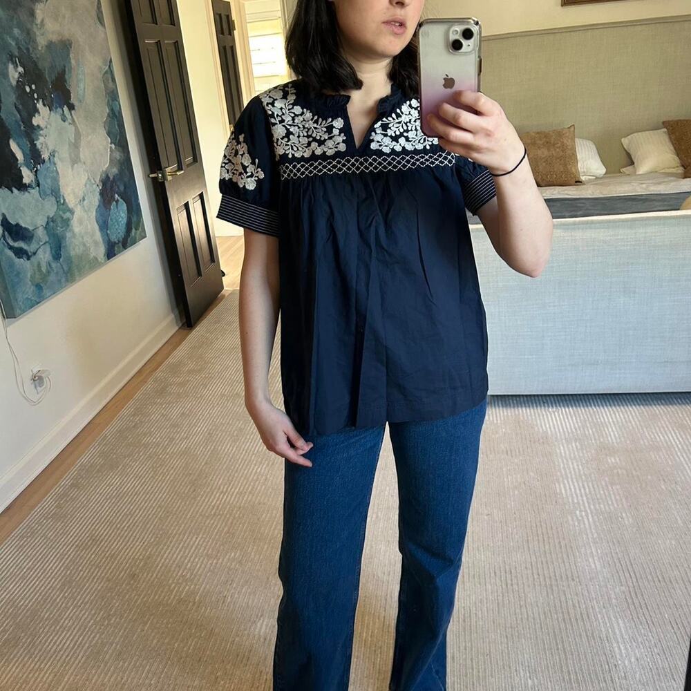 J. Crew Navy blue floral embroidered flowy  cotton blouse size M
